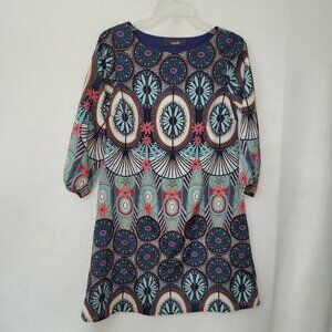 Zouk Dress XS Blue Geometric 3/4 Sleeve Lined‎ A-Line